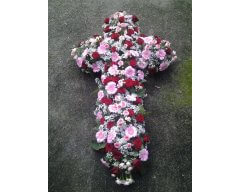 composition florale deuil croix rose et rouge