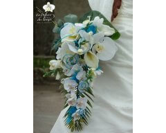 BOUQUET MARIEE FORME CHUTE PHALAENOPSIS BLANC SUJET TURQUOISE